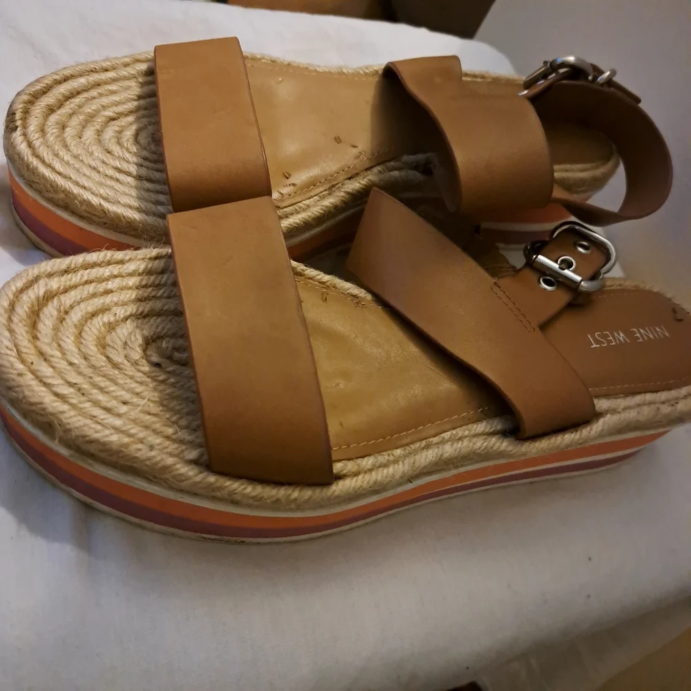 NINE WEST Womens Tan Leather Espadrille‎ Platform Sandals Size 12 Wedge